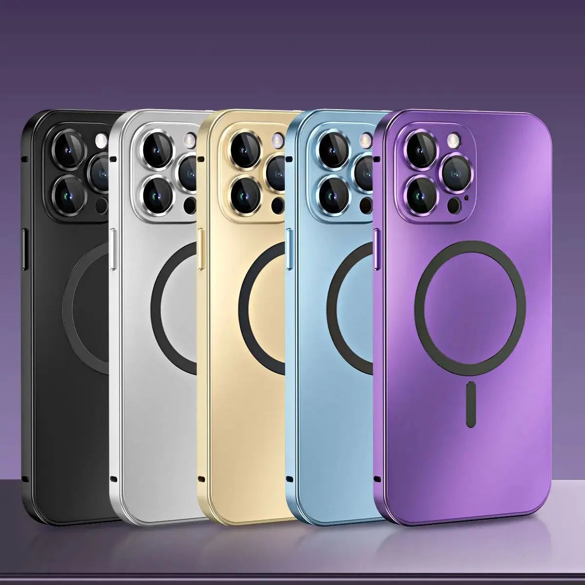 Five smartphones in black, silver, gold, blue, and purple on a gradient background